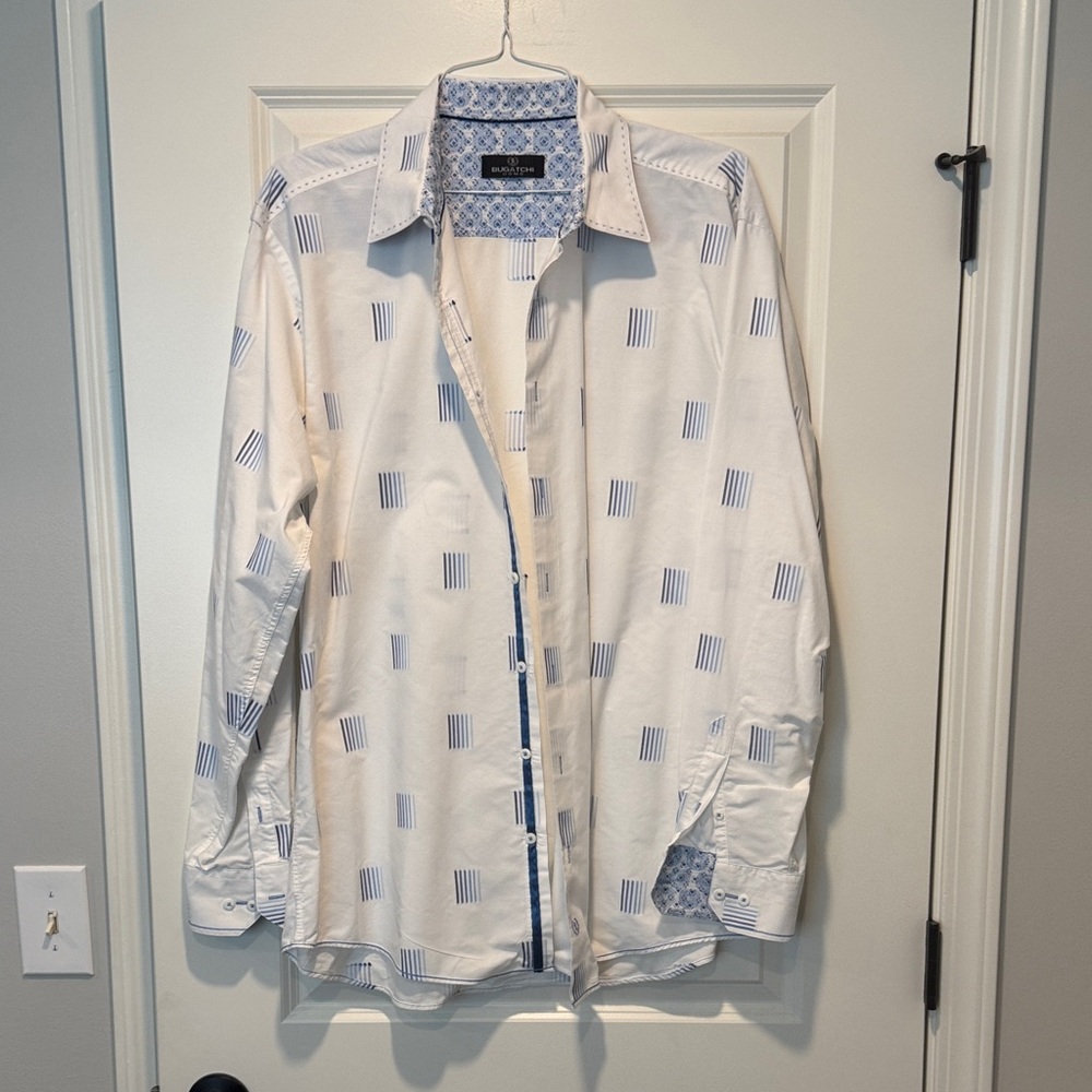 Bugatchi White and Blue Geometric Shirt